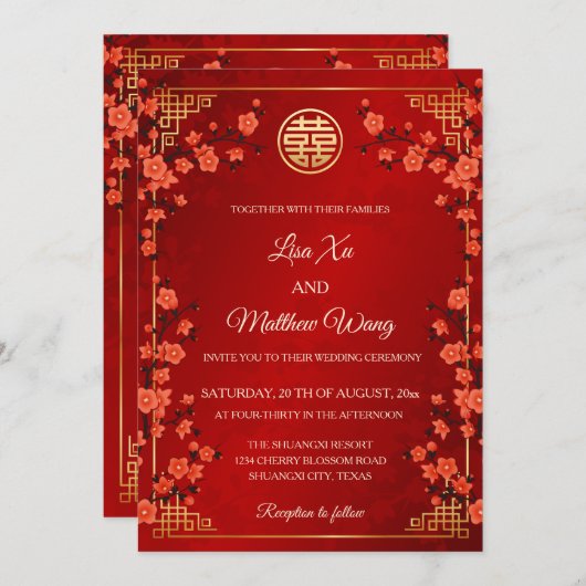 TWEETALIGE rode kersenbloesem | Chinese bruiloft Kaart (Voorkant / Achterkant)