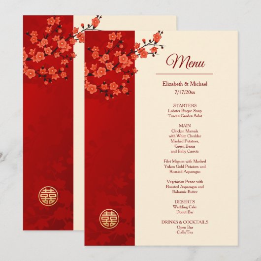 TWEETALIGE Rode Kersenbloesem Chinese bruiloft Menu (Voorkant / Achterkant)