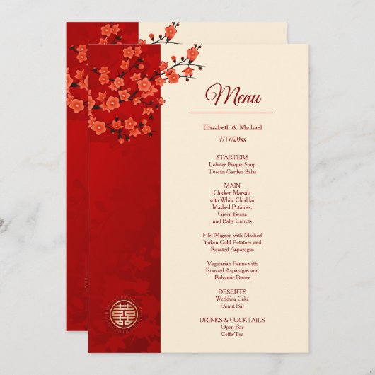 TWEETALIGE Rode Kersenbloesem Chinese bruiloft Menu (Voorkant / Achterkant)