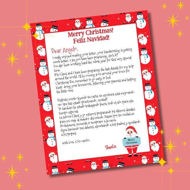 Tweetalige Rode Kerstman Brief voor Kinderen Spaan (Red bilingual letter from Santa Christmas, personalized name & Spanish text. Multilingual Project)