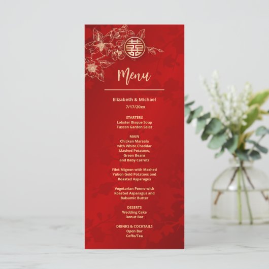 Tweetalige Rood Goud Magnolia Chinese bruiloft Menu (Staand voorkant)