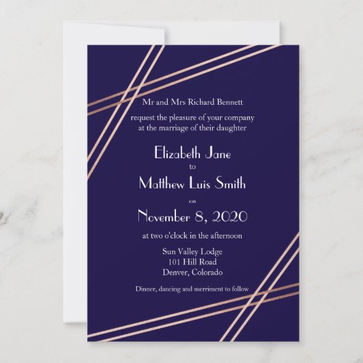 Tweetalige Roos Gold Stripes Wedding Invite Kaart (Voorkant)