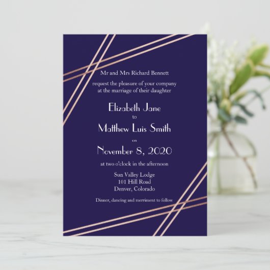 Tweetalige Roos Gold Stripes Wedding Invite Kaart (Staand voorkant)