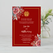 Tweetalige Rozen Rood Goud Chinees Huwelijk Folie Uitnodiging (Staand Voorkant)