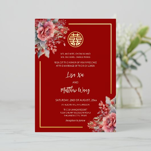 Tweetalige Rozen Rood Goud Chinees Huwelijk Folie Uitnodiging (Staand Voorkant)