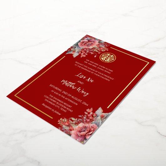 Tweetalige Rozen Rood Goud Chinees Huwelijk Folie Uitnodiging (Gedraaid)