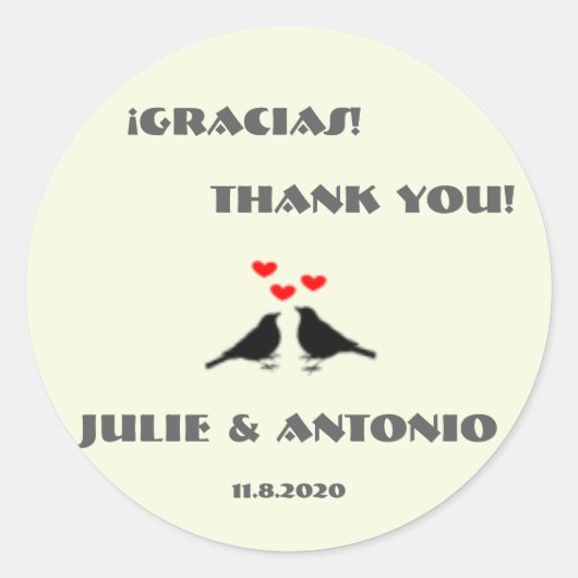 Tweetalige Tortelduifjes bruiloft dank u Sticker (Voorkant)