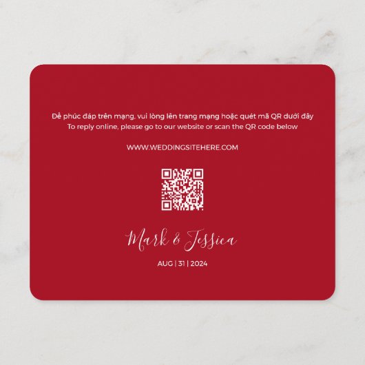 Tweetalige Vietnamese Engels rode bruiloft RSVP (Achterkant)