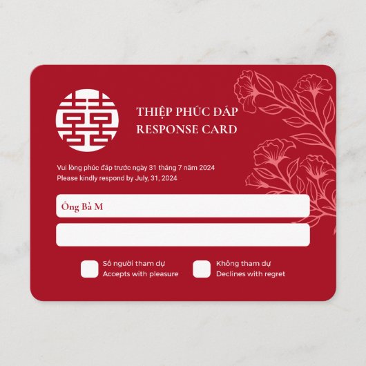 Tweetalige Vietnamese Engels rode bruiloft RSVP (Voorkant)