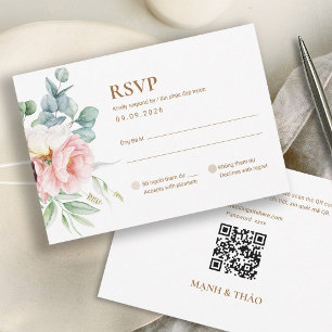 Tweetalige Vietnamese Pioen RSVP kaart met QR-code