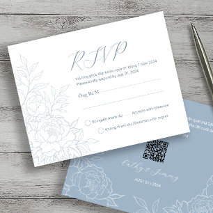 Tweetalige Vietnamese Pioen Stof Blauw RSVP Kaarte