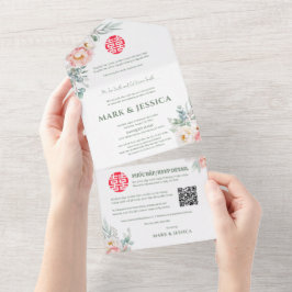 Tweetalige Vietnamese pioenen Traditioneel All In One Uitnodiging