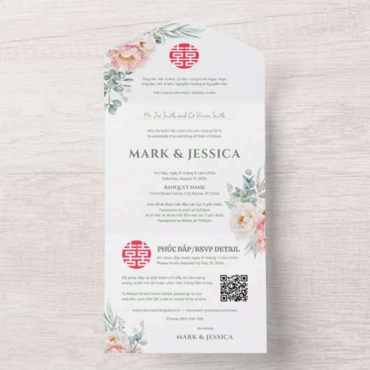 Tweetalige Vietnamese pioenen Traditioneel All In One Uitnodiging (Binnen)