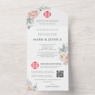 Tweetalige Vietnamese pioenen Traditioneel All In One Uitnodiging