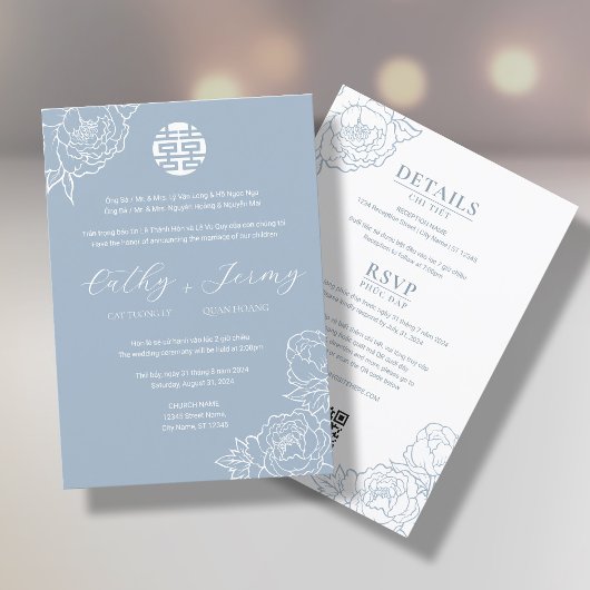 Tweetalige Vietnamese pioenensong Hy Dusty Blue Kaart