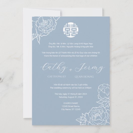 Tweetalige Vietnamese pioenensong Hy Dusty Blue Kaart (Voorkant)