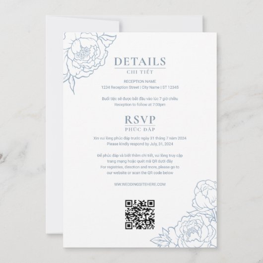 Tweetalige Vietnamese pioenensong Hy Dusty Blue Kaart (Achterkant)