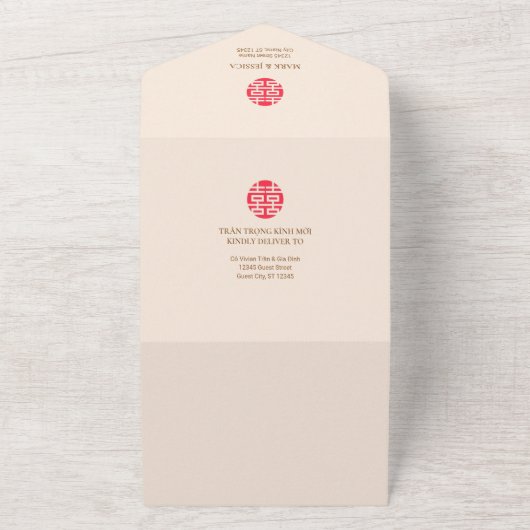 Tweetalige Vietnamese Pioenrozen Traditioneel All In One Uitnodiging (Buitenkant)