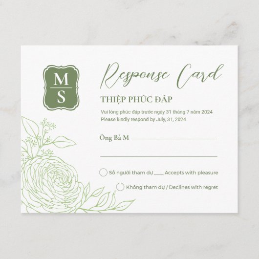 Tweetalige Vietnamese Ranunculus bruiloft RSVP (Voorkant)