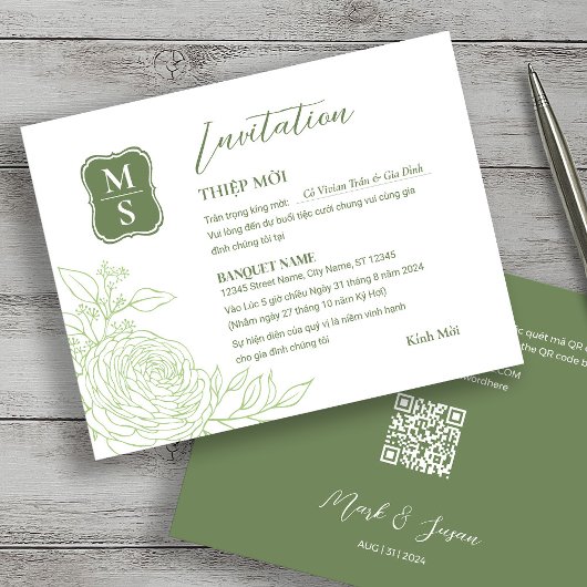 Tweetalige Vietnamese Ranunculus Huwelijksuitnodig