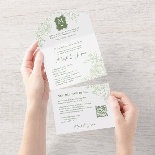 Tweetalige Vietnamese Ranunculus Traditioneel All In One Uitnodiging (Afscheurbaar)