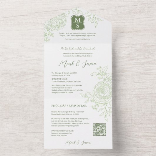 Tweetalige Vietnamese Ranunculus Traditioneel All In One Uitnodiging (Binnen)