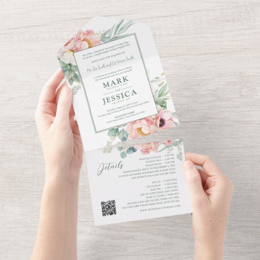 Tweetalige Vietnamese roze bloem All In One Uitnodiging (Afscheurbaar)