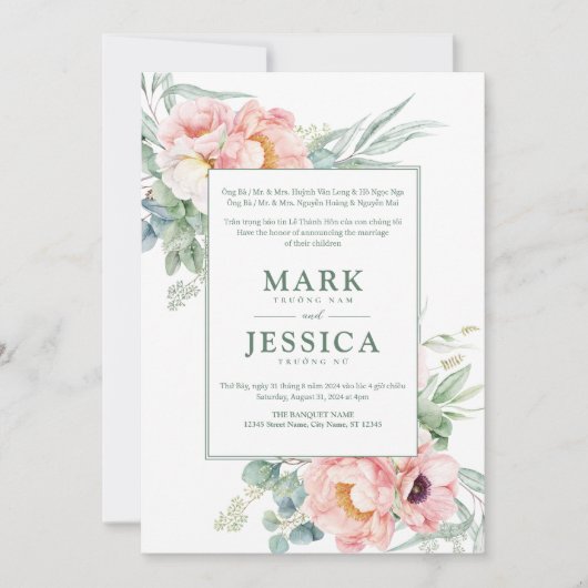 Tweetalige Vietnamese roze witte bloem bruiloft Kaart (Voorkant)