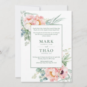 Tweetalige Vietnamese Roze Witte Bloem Bruiloft Kaart