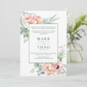 Tweetalige Vietnamese roze witte bloem bruiloft Kaart (Staand voorkant)