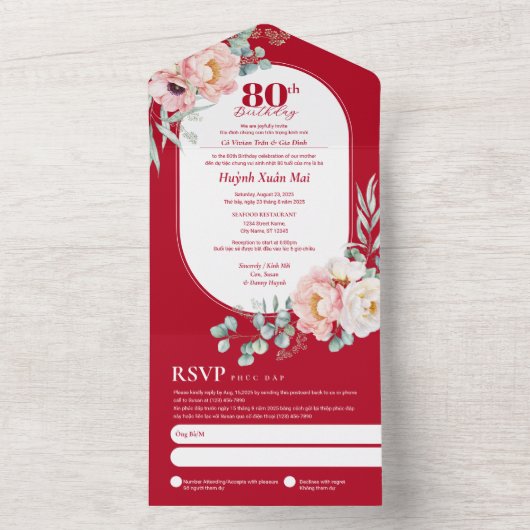 Tweetalige Vietnamese verjaardag All In One Uitnodiging (Binnen)