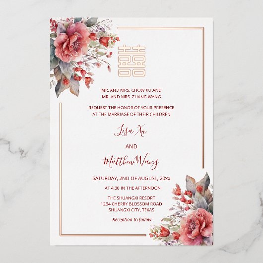 TWEETALIGE Waterverf Rozen Gouden Chinese bruiloft Folie Uitnodiging (Voorkant)