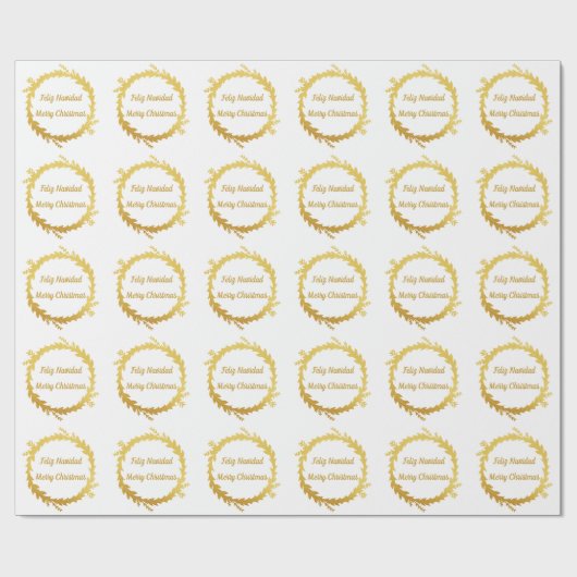 Tweetalige Witte Gouden Feliz Navidad Kerstmis Cadeaupapier (Vlak)