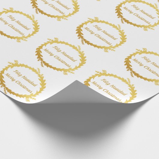 Tweetalige Witte Gouden Feliz Navidad Kerstmis Cadeaupapier (Hoek)