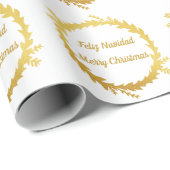 Tweetalige Witte Gouden Feliz Navidad Kerstmis Cadeaupapier (Rol Hoek)