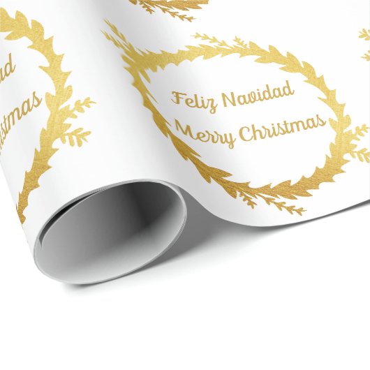 Tweetalige Witte Gouden Feliz Navidad Kerstmis Cadeaupapier (Rol Hoek)