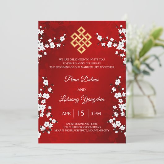 Tweetalige witte kersenbloesem Tibetaanse bruiloft Kaart (Staand voorkant)