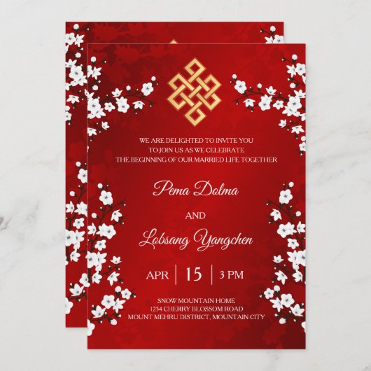 Tweetalige witte kersenbloesem Tibetaanse bruiloft Kaart (Voorkant / Achterkant)