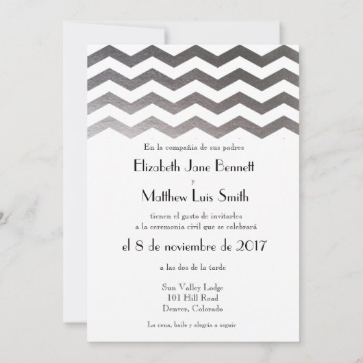 Tweetalige zilveren Chevron bruiloft uitnodiging (Achterkant)