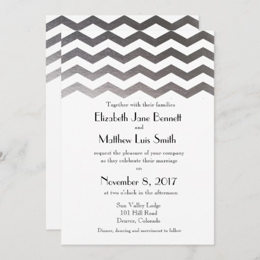 Tweetalige zilveren Chevron bruiloft uitnodiging (Voorkant / Achterkant)