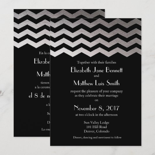 Tweetalige zilveren nacht Chevron bruiloft uitnodi Kaart (Voorkant / Achterkant)