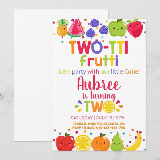 Tweetierig frutti meisje 2e verjaardag uitnodiging (Voorkant / Achterkant)