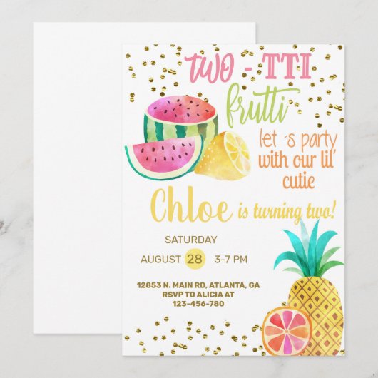 Tweetierig frutti meisje 2e verjaardag uitnodiging (Voorkant / Achterkant)