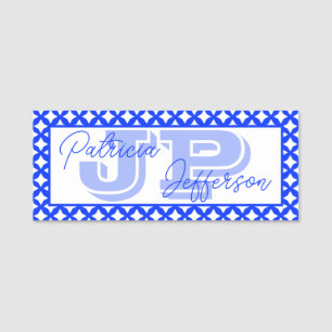 Tweetonige blauwe en witte mesh rand monogram naamplaatje
