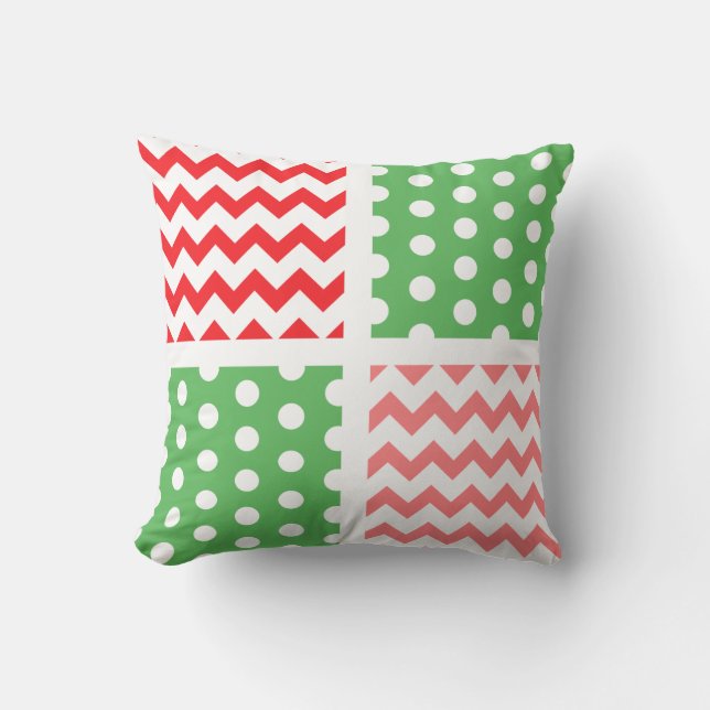 Tweetonige rood/groen/witte Chevron/Polkadot Kussen (Voorkant)