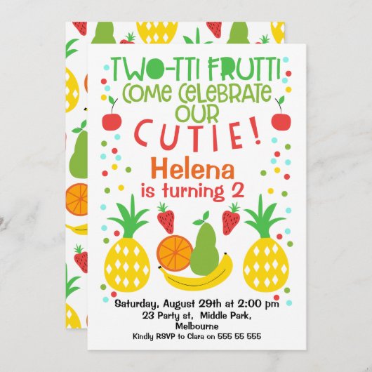 Tweetti Frutti 2e verjaardag Uitnodiging (Voorkant / Achterkant)