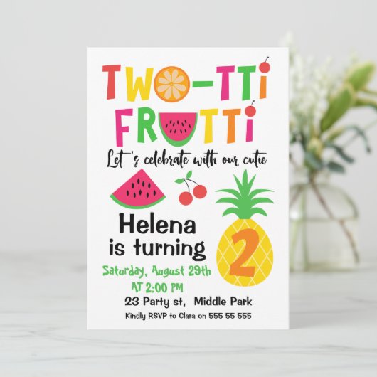 Tweetti Frutti 2e verjaardag uitnodiging voor het  (Staand voorkant)