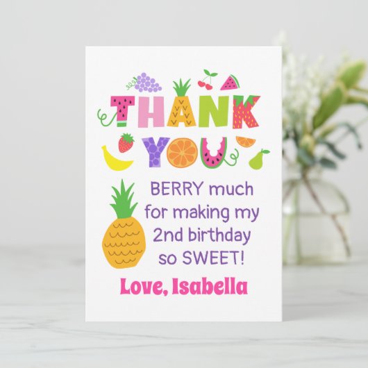 TWEEtti Frutti Verjaardagsfeestje Flat Dank u Kaar Bedankkaart (Staand voorkant)