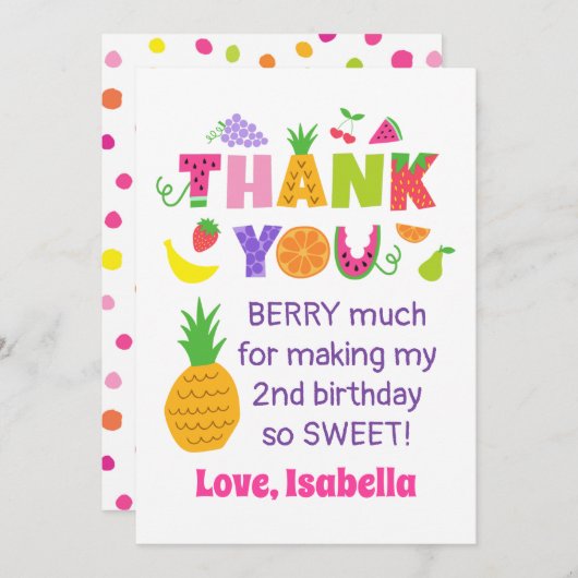 TWEEtti Frutti Verjaardagsfeestje Flat Dank u Kaar Bedankkaart (Voorkant / Achterkant)