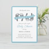 Tweevoudige dozen met blauw en grijs Baby shower Kaart (Staand voorkant)